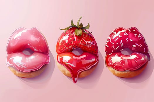 Three donuts designed to look like lips, with a strawberry placed in the center.