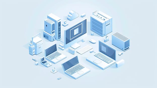 Isometric illustration of a group of computers and laptops sitting together in a tech setting, ideal for computer service or tech repair banners.