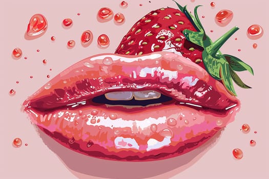 A painting featuring a vibrant red strawberry and a close-up of a womans dark pink lips.