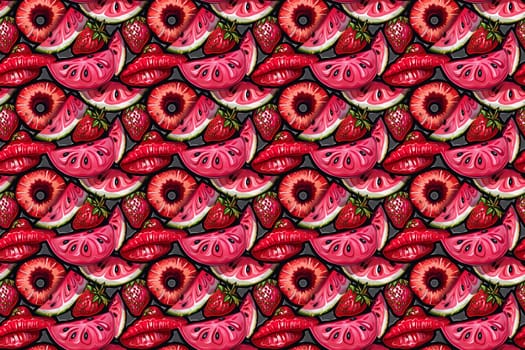 A continuous pattern featuring female lips, strawberries, and watermelon slices with a vivid, colorful backdrop.