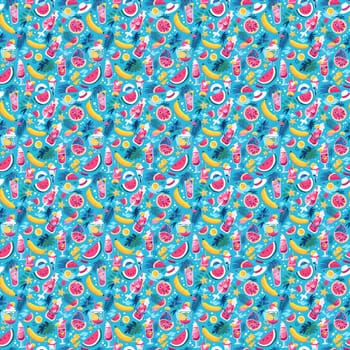 A detailed pattern of various fruits and vegetables on a bright blue background, creating a colorful and eye-catching design.