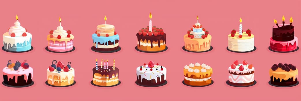 Several cakes with lit candles arranged on a pink background.