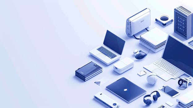 Various computers, laptops, and technology equipment organized in an isometric layout with copy space. Ideal for computer service and tech repair banners.