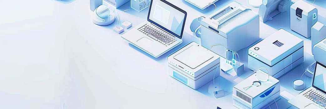 Isometric icon of computers and technology equipment stacked creatively, with copy space for computer service or tech repair banner. Blue and white colors.