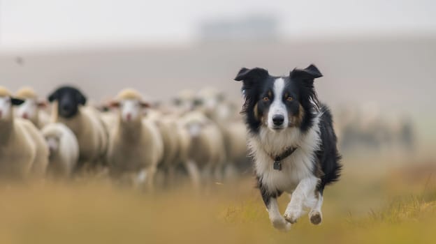 A focused Border Collie runs towards the camera, leading a flock of sheep in a pasture with a soft-focus background hinting at evening light - Generative AI