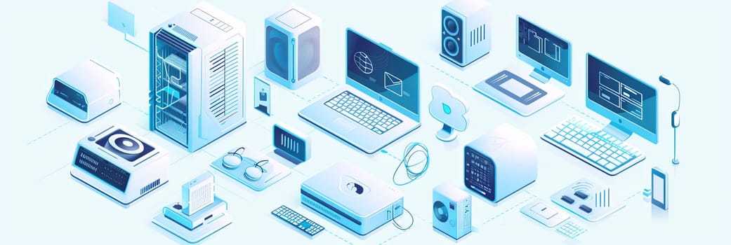 Variety of computers, laptops, and technology equipment on a white and blue background. Ideal for computer service and tech repair banners.