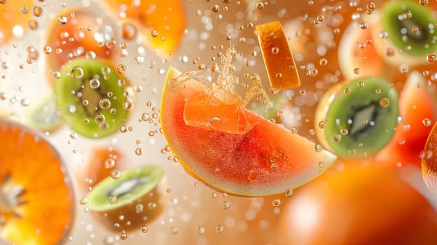 Slices of vibrant orange and kiwi fruit making a splash, with bubbles surrounding them in a refreshing dance of colors and textures - Generative AI