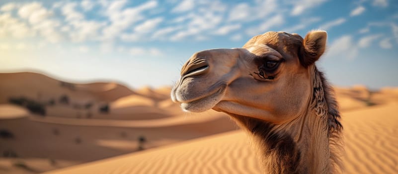 A camel gazes into the distance with soft focus desert dunes and a warm sunset sky in the background
