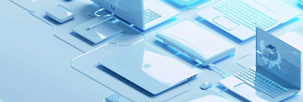 A group of laptops placed on top of a table in a white and blue-colored setting.