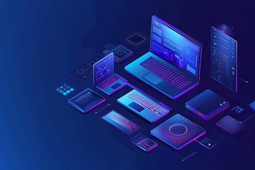 Isometric illustration featuring computers, laptops, liaisons, and other technology equipment in white and blue colors. Ideal for computer service and tech repair concepts.