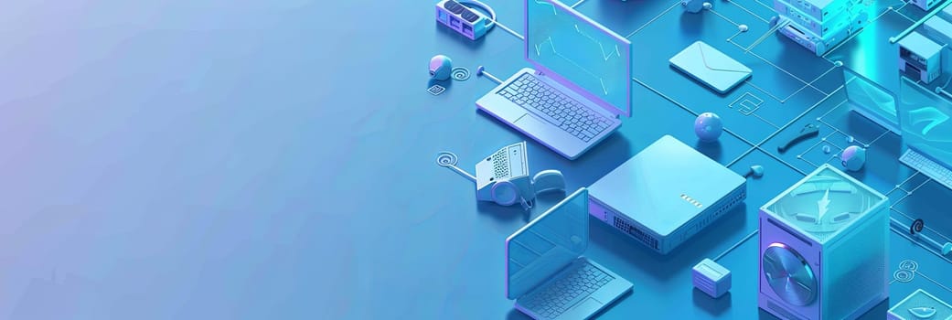 Several laptops arranged on a blue surface, isometric computer icons. Copy space for computer service or tech repair banner.