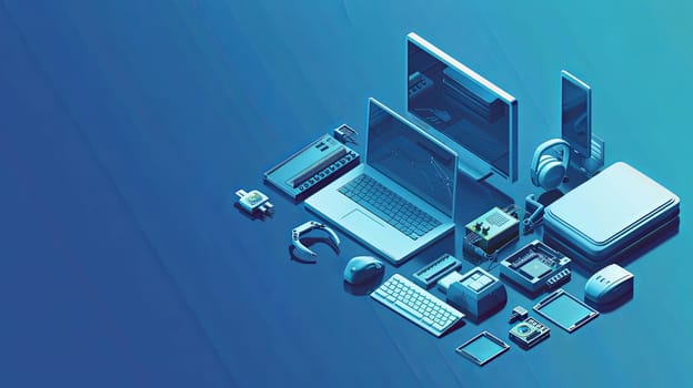 Isometric icon of computers, laptops, liaisons, and technology equipment on a white and blue background. Ideal for computer service, tech repair, and cloud storage banners.