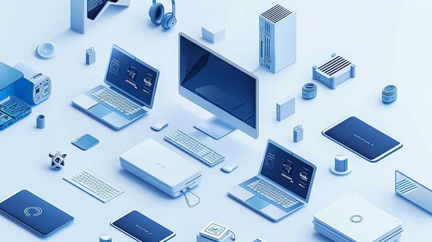 A pattern of electronic devices like computers, laptops, and liaisons arranged creatively. Ideal for computer service and tech repair banners.