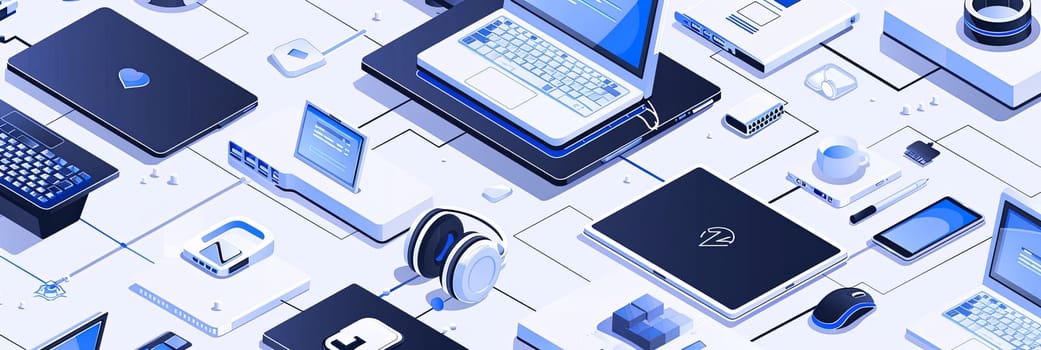 Assorted computers, laptops, liaisons, and tech equipment in a creative banner for computer service and tech repair. Isometric design in white and blue colors.