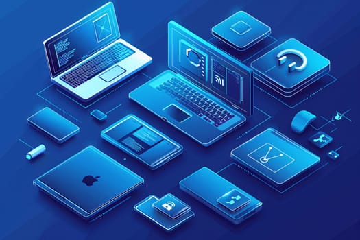Laptop computer in a tech setup with various electronic devices. Isometric icon with copy space for computer service or tech repair banner. Creative illustration in white and blue colors.