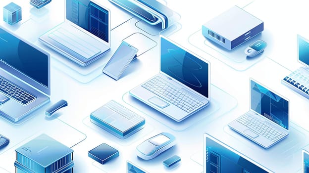 Isometric icons of laptops, computers, and tech equipment for cloud storage ads. Creative banner with copy space in white and blue colors.