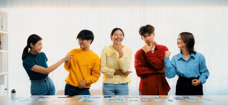 Panoramic banner young happy asian startup company employee wearing colorful casual wear stand in line together symbolize creative teamwork, job employment, HR agency recruitment. Synergic