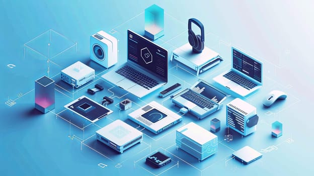 Isometric icon of computers, laptops, liaisons and technology equipment on a blue background. Ideal for computer service or tech repair banners.