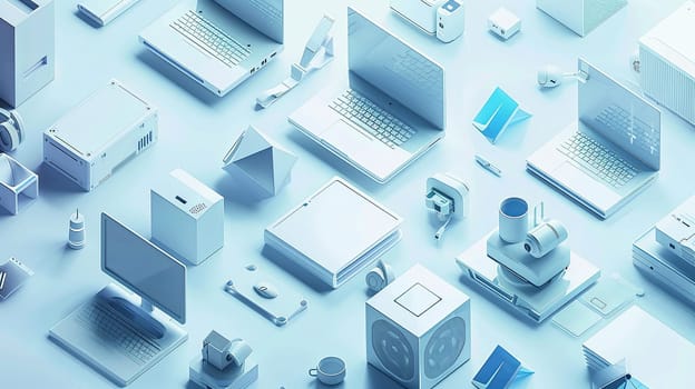 Assortment of various electronic devices including computers, laptops, and liaisons in isometric design with white and blue colors.