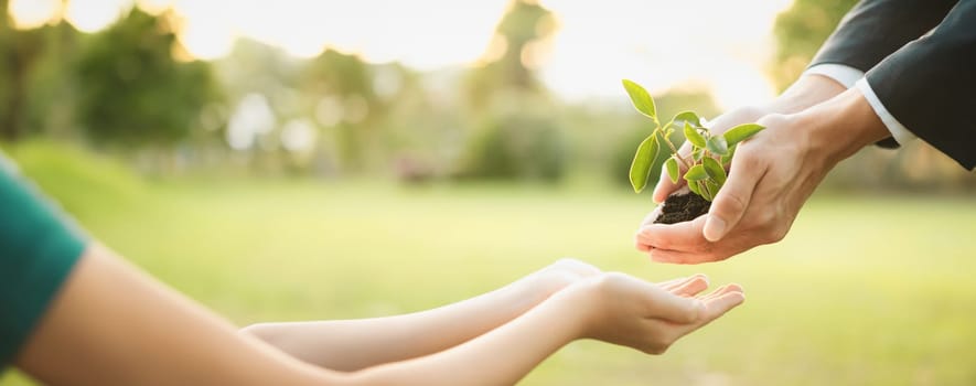 Panorama, businessman handing plant or sprout to young boy as eco company committed to corporate social responsible, reduce CO2 emission and embrace ESG principle for sustainable future.Gyre