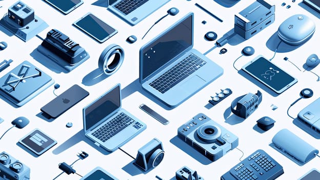 Various electronic devices such as computers, laptops, and liaisons arranged in isometric style on a blue and white background.