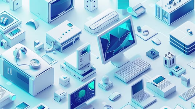 Isometric icon of computers, laptops, liaisons, and technology equipment in a creative banner for computer service and tech repair, with copy space and cloud storage.