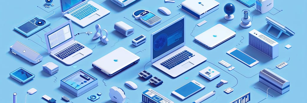 Collection of computers, laptops, and technology equipment on a blue background. Ideal for computer service and tech repair banners.