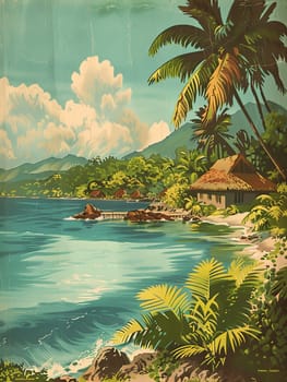 A painting depicting a tropical island with palm trees and beachfront bungalows set against the azure sea.