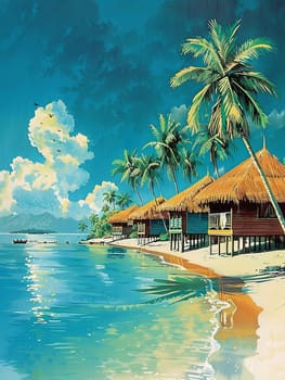 A painting depicting a tropical beach with lush palm trees swaying in the breeze against a backdrop of azure sea.