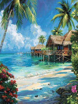A painting featuring palm trees overlooking a tropical beach with azure waters and beachfront bungalows.