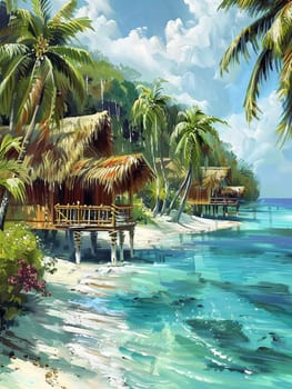 A painting showcasing a tropical beach with lush palm trees swaying in the breeze, set against a backdrop of azure sea.