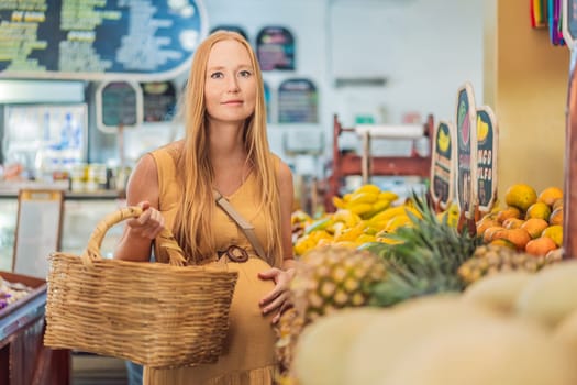 In a grocery store, a pregnant woman stands by a fruit stand, surrounded by various natural foods. She is in a public space where the local market offers whole foods for trade Pregnant woman buying organic vegetables and fruits at Mexican style farmers market