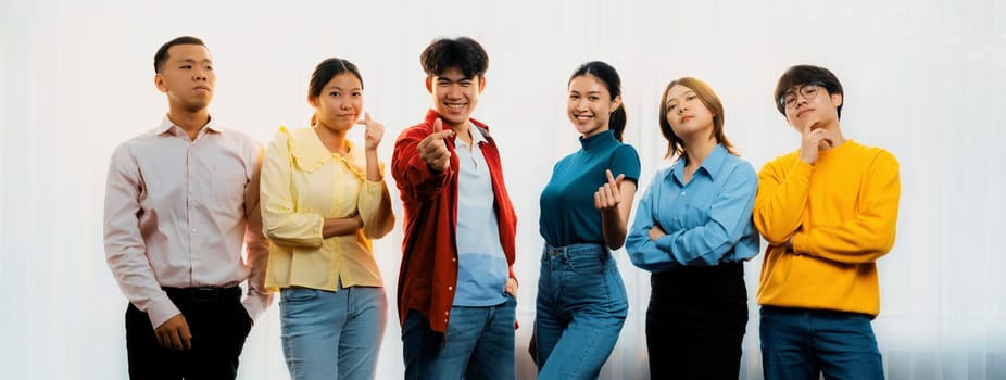 Panoramic banner young happy asian startup company employee wearing colorful casual wear stand in line together symbolize creative teamwork, job employment, HR agency recruitment. Synergic