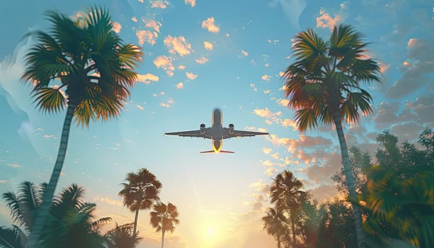 A plane is flying over a tropical forest with palm trees by AI generated image.