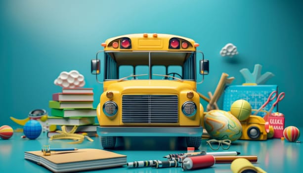 A yellow school bus with luggage on top of it by AI generated image.