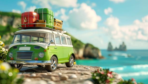 A green Volkswagen Beetle is parked on a beach with luggage on top of it by AI generated image.