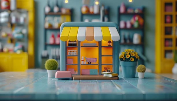 A small toy store with a yellow and white awning by AI generated image.