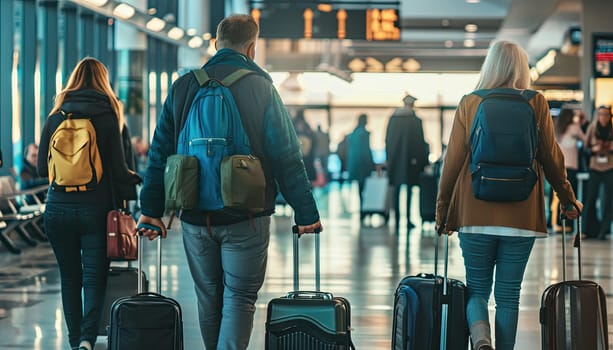 A group of people are walking through an airport with their luggage by AI generated image.