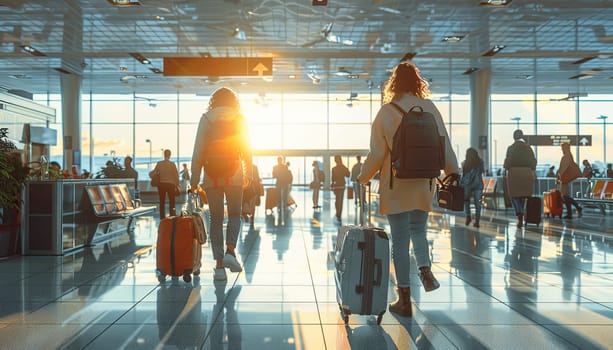 A group of people are walking through an airport with their luggage by AI generated image.