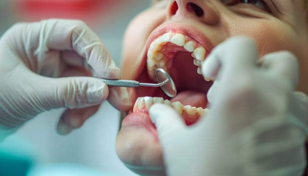 A dentist is cleaning a patient's teeth with a metal instrument by AI generated image.