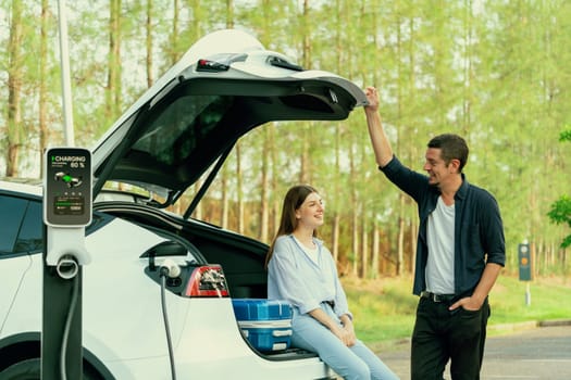 Lovely young couple recharging battery for electric car while relaxing and sitting on the trunk during road trip travel EV car in autumnal forest. Eco friendly travel on vacation during autumn. Exalt