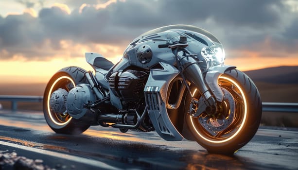 A futuristic motorcycle with neon lights on the wheels and body by AI generated image.