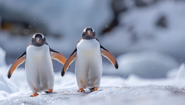 Two penguins standing on a snowy surface by AI generated image.