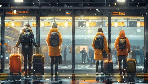 A group of people are walking through an airport with their luggage by AI generated image.