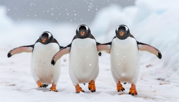 Three penguins standing on a snowy surface by AI generated image.