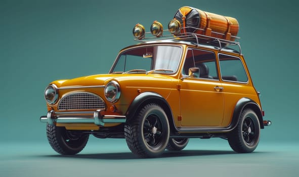 A yellow car with a backpack on top of it by AI generated image.