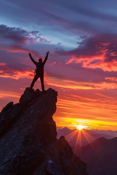 A man is standing on a mountain peak, with the sun setting behind him by AI generated image.