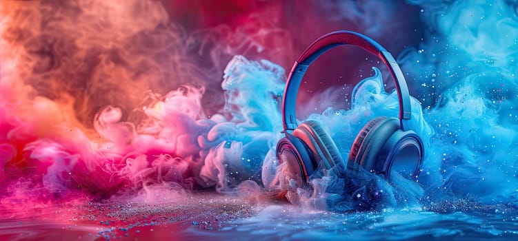 A pair of headphones is shown in a colorful background with smoke and fire by AI generated image.