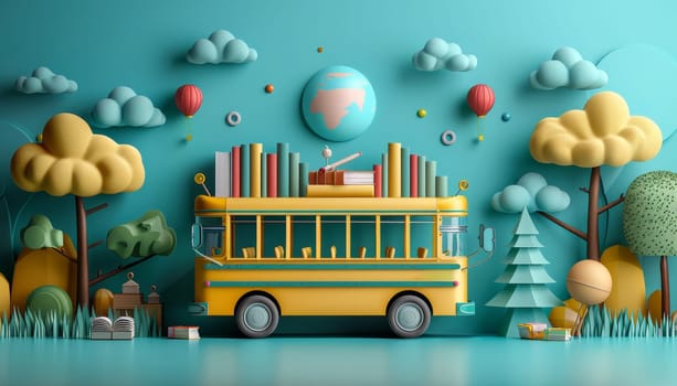 A yellow school bus with luggage on top of it by AI generated image.