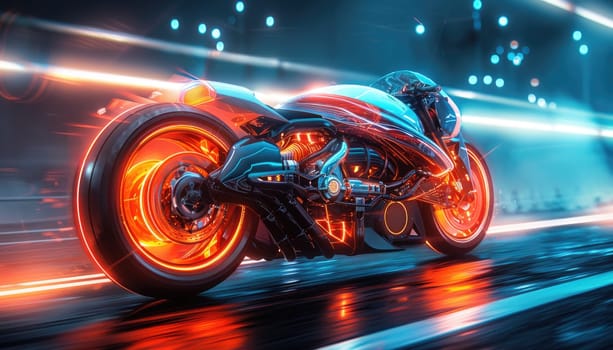 A futuristic motorcycle with neon lights on the wheels and body by AI generated image.